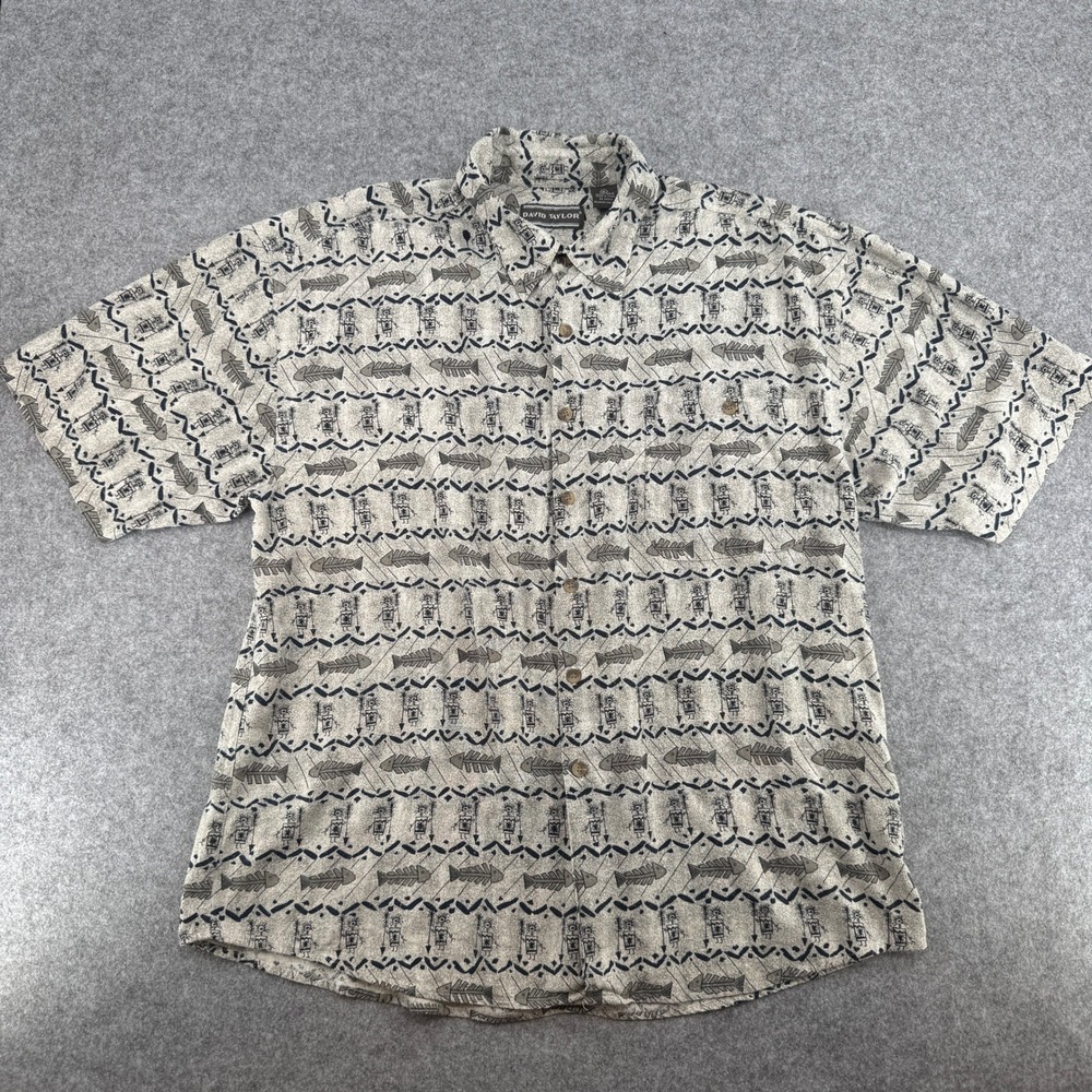 David Taylor Mens XL Silk Shirt Short Sleeve Tribal Fish Print Grey Button Up